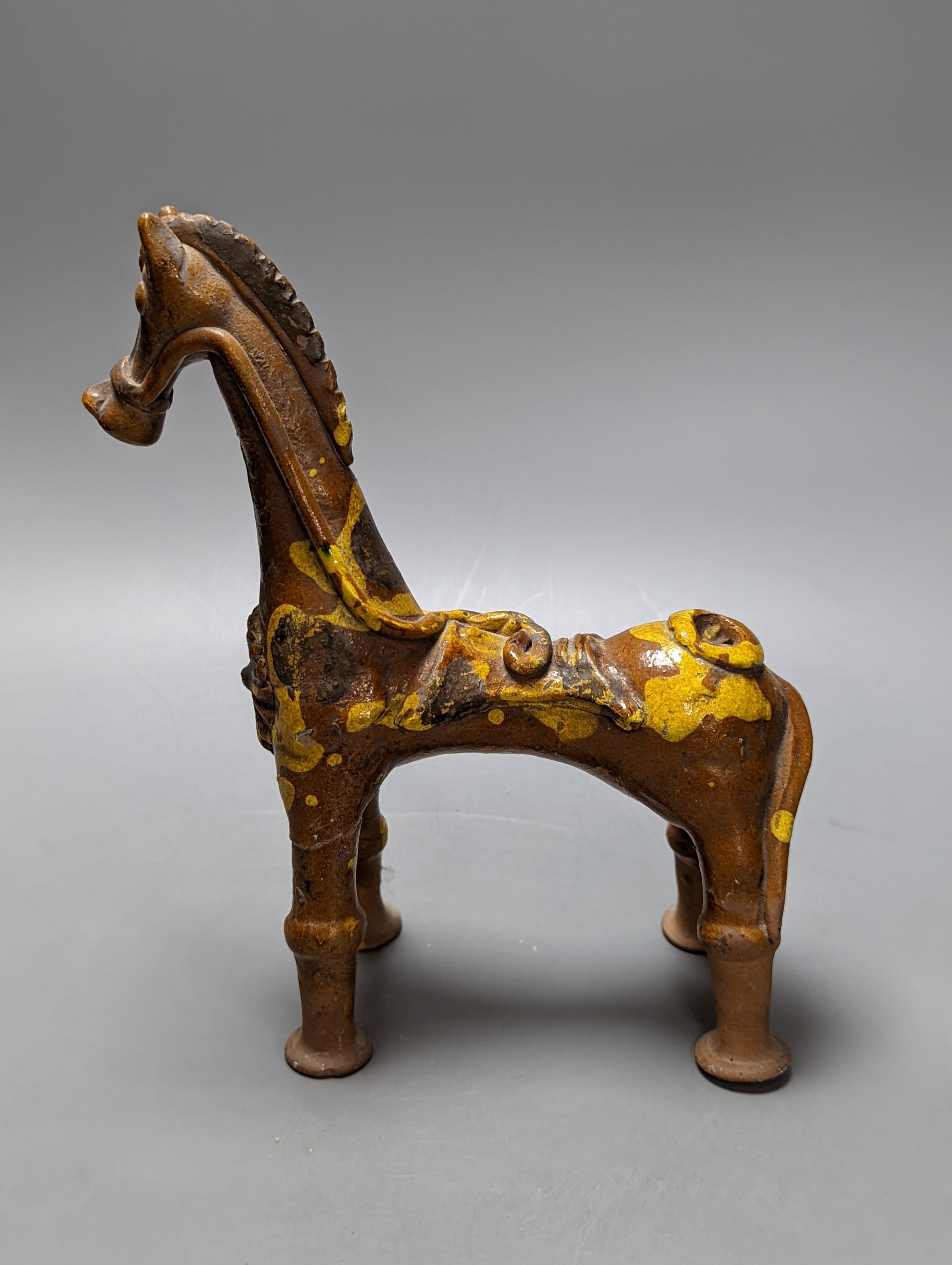 A Çanakkale pottery horse vessel, 19th century, 24cm, repairs